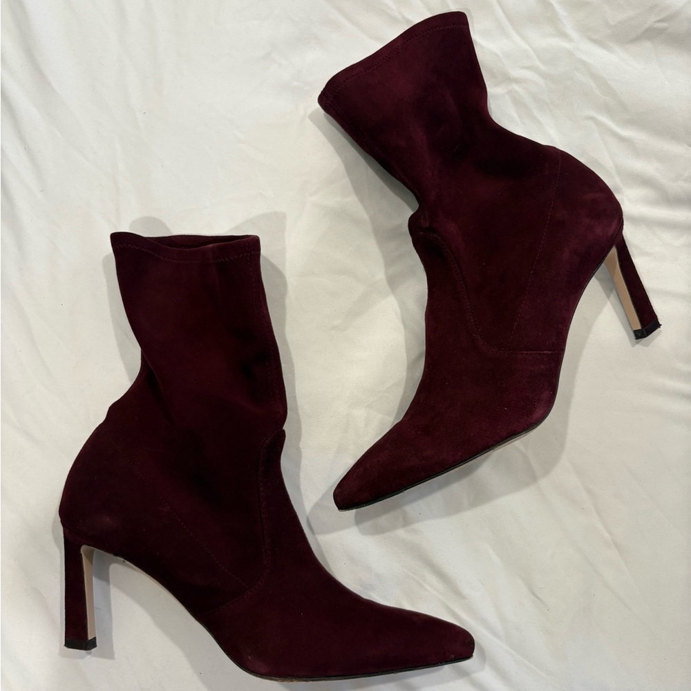Stuart Weitzman burgundy suede boots. Worn once, like new. Moving sale, box incl